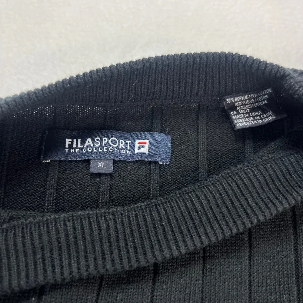 VTG Fila Sport Mens Black Ribbed Crewneck Sweater Long Sleeve XL Cotton Blend